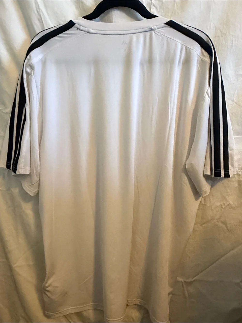 adidas White Short Sleeve Athletic Tee with Black Shoulder Stripes